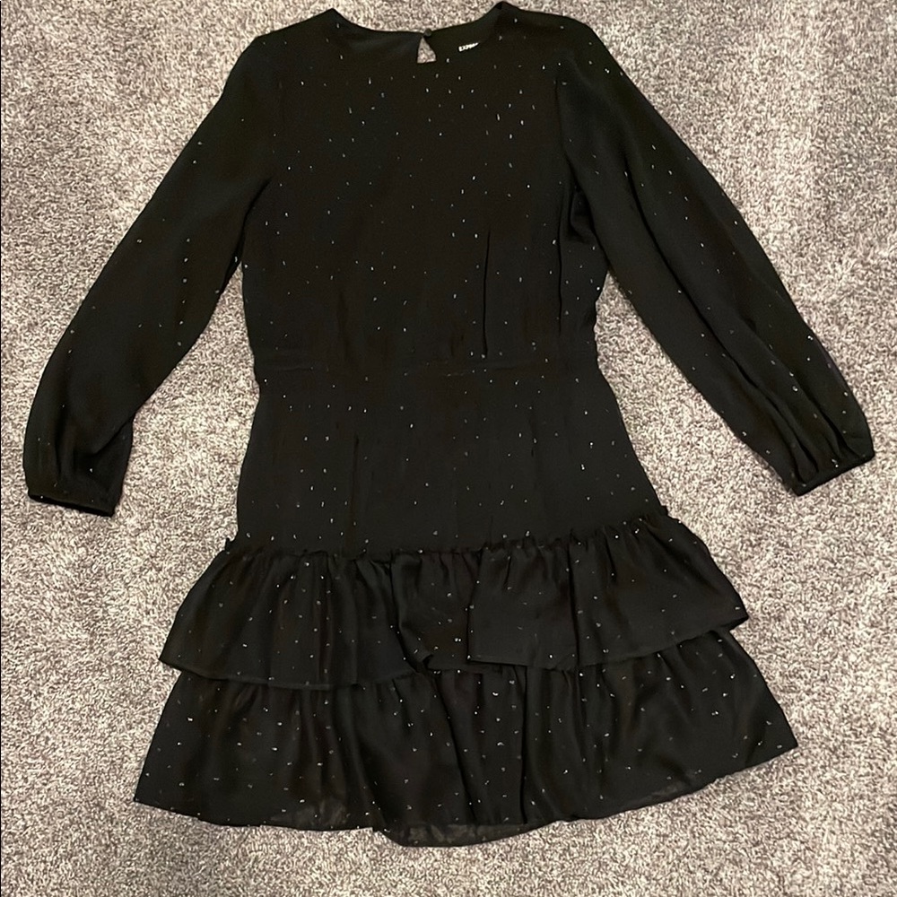 EXPRESS black dress with ruffle detail and fitted waist band medium